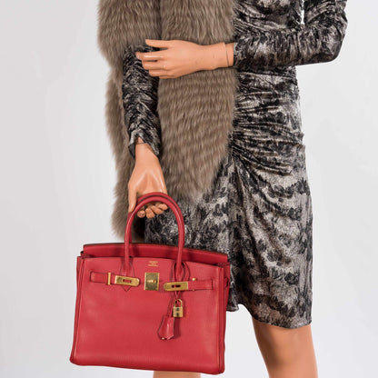 Hermès Birkin 30 Rouge Vif Ardennes Gold Hardware - 2001, E Square