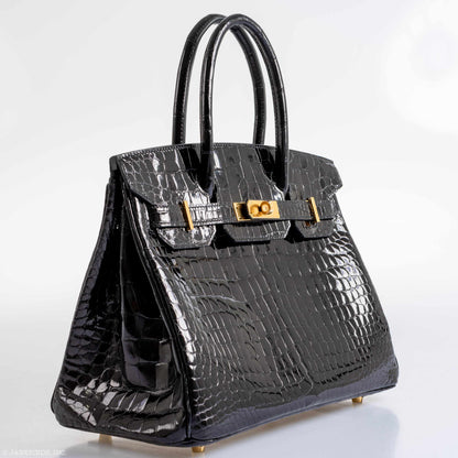Hermès Birkin 30 Shiny Black Porosus Crocodile Gold Hardware