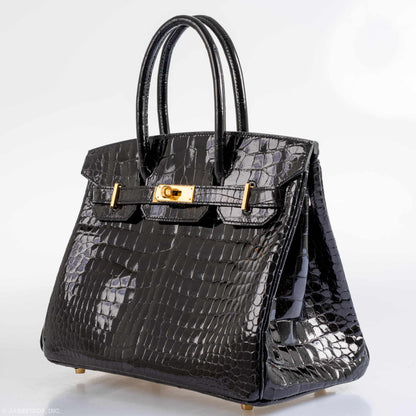 Hermès Birkin 30 Shiny Black Porosus Crocodile Gold Hardware