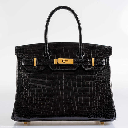 Hermès Birkin 30 Shiny Black Porosus Crocodile Gold Hardware