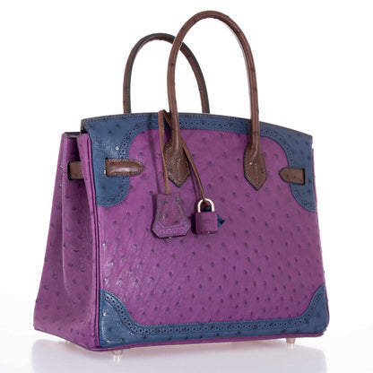 Hermès Birkin 30 Tri Color Ostrich Violine Blue De Malt And Marron Palladium Hardware
