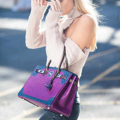 Hermès Birkin 30 Tri Color Ostrich Violine Blue De Malt And Marron Palladium Hardware