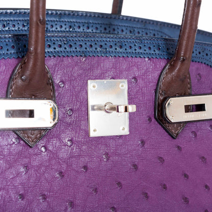 Hermès Birkin 30 Tri Color Ostrich Violine Blue De Malt And Marron Palladium Hardware