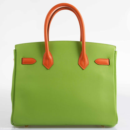 Hermès Birkin 30 Vert Cru & Orange H Gulliver Leather Gold Hardware - 1998