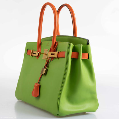Hermès Birkin 30 Vert Cru & Orange H Gulliver Leather Gold Hardware - 1998