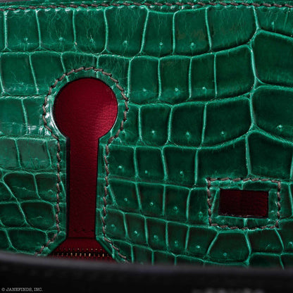 Hermès Birkin 30 Vert Emeraude Porosus Crocodile, Vert Titien Multi-Leather & Rose Azalée Patchwork Palladium Hardware
