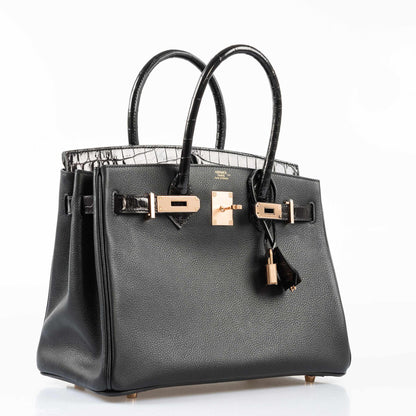 Hermès Birkin Touch 30 Black Novillo & Niloticus Crocodile Rose Gold Hardware
