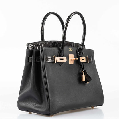 Hermès Birkin Touch 30 Black Novillo & Niloticus Crocodile Rose Gold Hardware