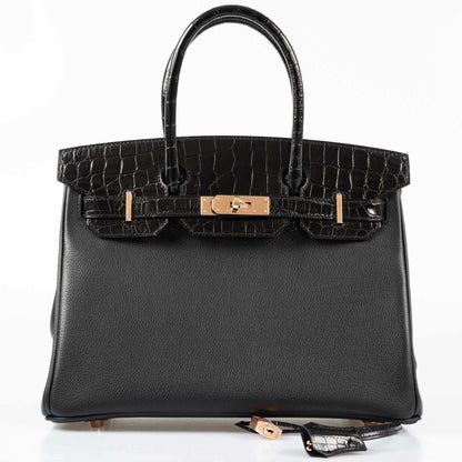 Hermès Birkin Touch 30 Black Novillo & Niloticus Crocodile Rose Gold Hardware