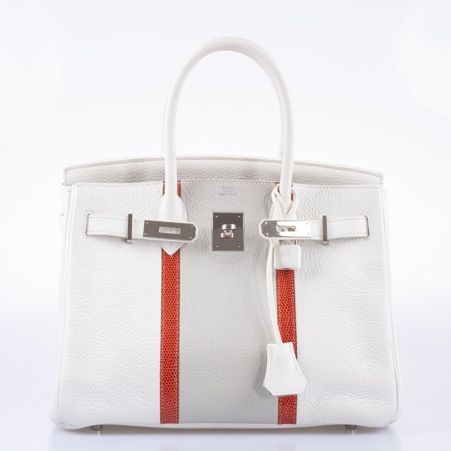 Hermès Club Birkin 30 White, Grey Clemence & Sanguine Lizard Palladium Hardware