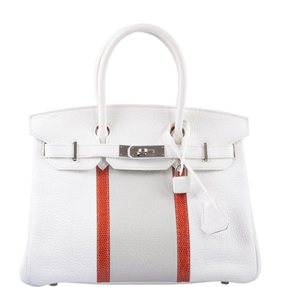 Hermès Club Birkin 30 White, Grey Clemence & Sanguine Lizard Palladium Hardware