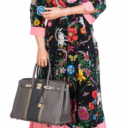 Hermès Club Birkin 35 Tri-Color Etain & Graphite Clemence, Gris Fonce Lizard Permabrass Hardware