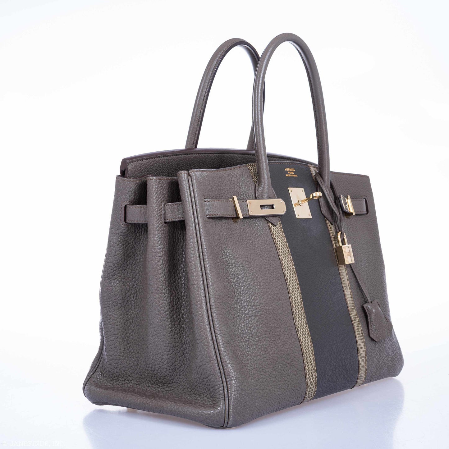 Hermès Club Birkin 35 Tri-Color Etain & Graphite Clemence, Gris Fonce Lizard Permabrass Hardware