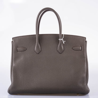 Hermès Club Birkin 35 Tri-Color Etain & Graphite Clemence, Gris Fonce Lizard Permabrass Hardware