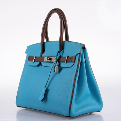 Hermès HSS Birkin 30 Bleu Aztec and Havane Chevre Palladium Hardware