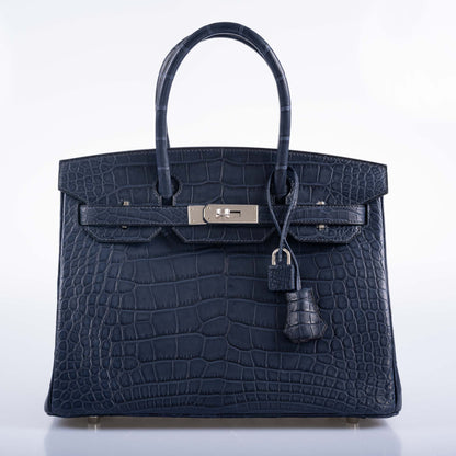 Hermès HSS Birkin 30 Blue Marine Matte Alligator & Cassis Interior with Palladium Hardware