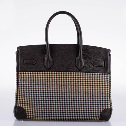 Hermès Lainage Birkin 30 Houndstooth Plaid Wool and Ebene Togo Palladium Hardware