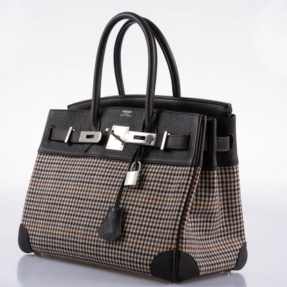 Hermès Lainage Birkin 30 Houndstooth Plaid Wool and Ebene Togo Palladium Hardware