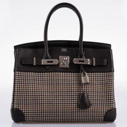 Hermès Lainage Birkin 30 Houndstooth Plaid Wool and Ebene Togo Palladium Hardware