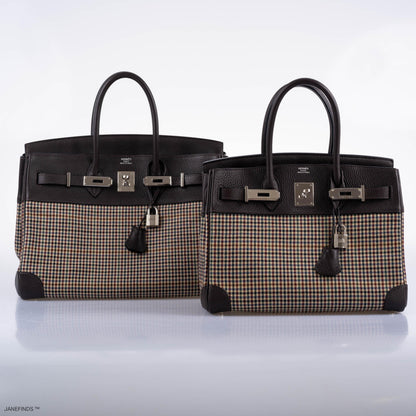 Hermès Lainage Birkin 30 Houndstooth Plaid Wool and Ebene Togo Palladium Hardware