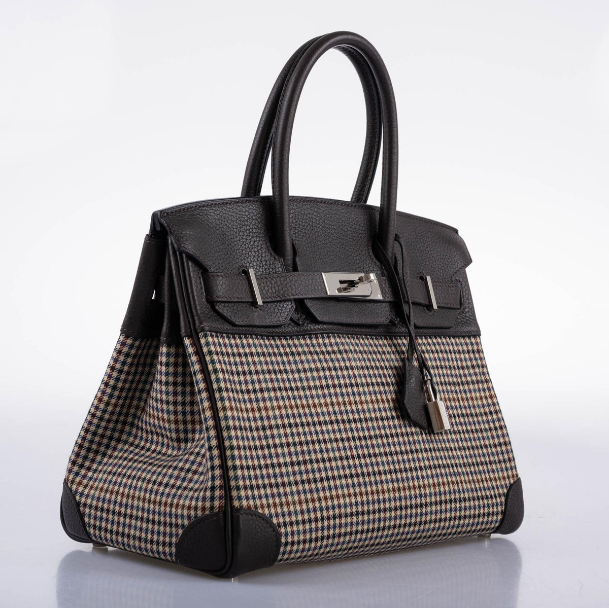 Hermès Lainage Birkin 30 Houndstooth Plaid Wool and Ebene Togo Palladium Hardware
