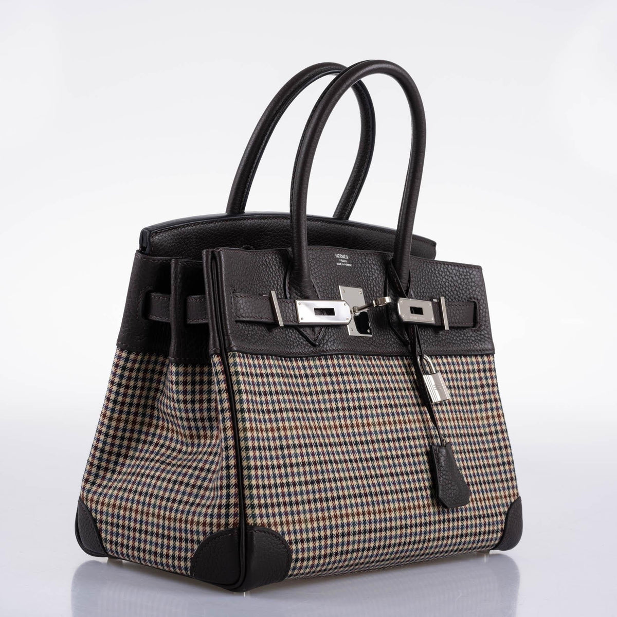 Hermès Lainage Birkin 30 Houndstooth Plaid Wool and Ebene Togo Palladium Hardware