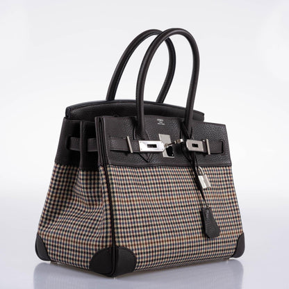 Hermès Lainage Birkin 30 Houndstooth Plaid Wool and Ebene Togo Palladium Hardware