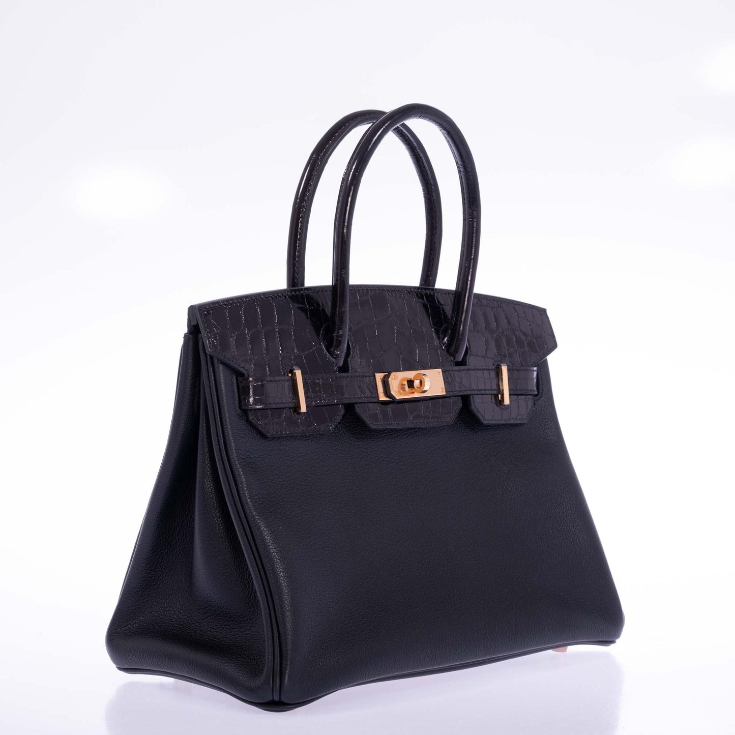Hermès Touch Birkin 30 Black Shiny Nilo Crocodile and Togo Rose Gold Hardware