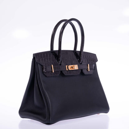 Hermès Touch Birkin 30 Black Shiny Nilo Crocodile and Togo Rose Gold Hardware