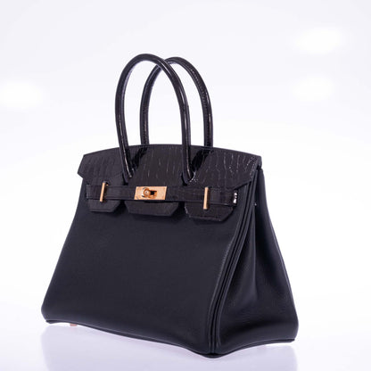 Hermès Touch Birkin 30 Black Shiny Nilo Crocodile and Togo Rose Gold Hardware