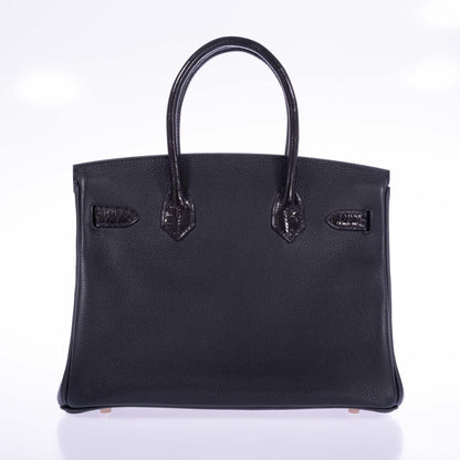 Hermès Touch Birkin 30 Black Shiny Nilo Crocodile and Togo Rose Gold Hardware