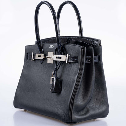 Hermès Touch Birkin 30 Shiny Bleu Marine Nilo Crocodile and Black Novillo Palladium Hardware