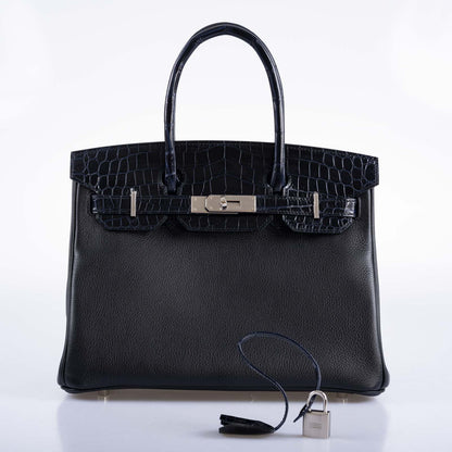 Hermès Touch Birkin 30 Shiny Bleu Marine Nilo Crocodile and Black Novillo Palladium Hardware