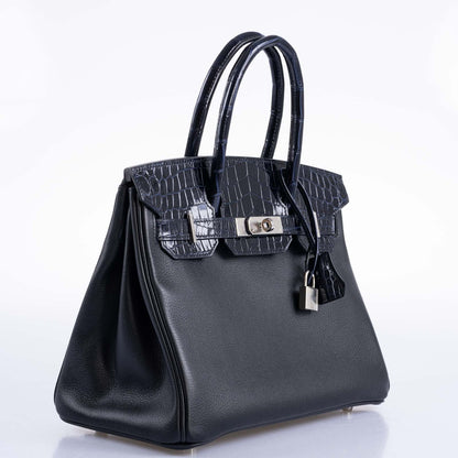 Hermès Touch Birkin 30 Shiny Bleu Marine Nilo Crocodile and Black Novillo Palladium Hardware