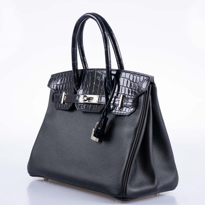 Hermès Touch Birkin 30 Shiny Bleu Marine Nilo Crocodile and Black Novillo Palladium Hardware
