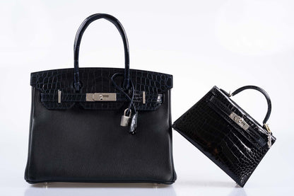 Hermès Touch Birkin 30 Shiny Bleu Marine Nilo Crocodile and Black Novillo Palladium Hardware