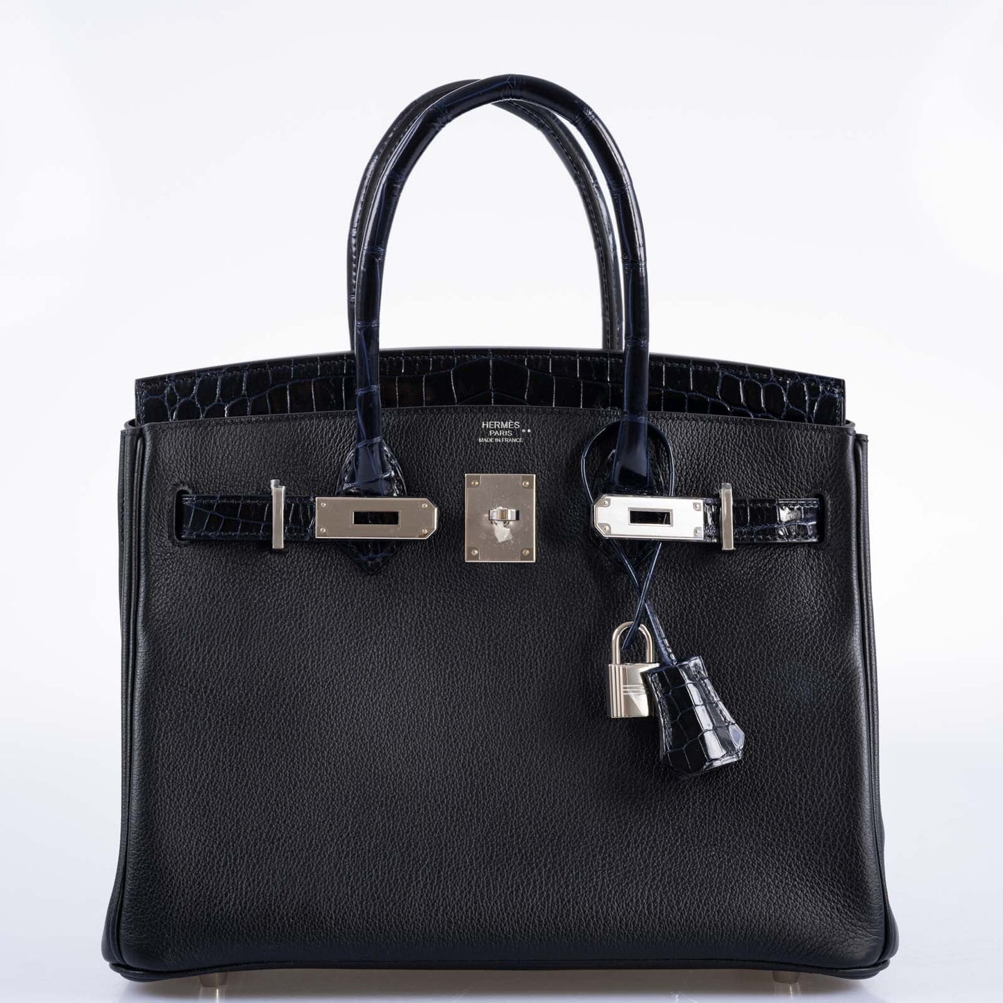 Hermès Touch Birkin 30 Shiny Bleu Marine Nilo Crocodile and Black Novillo Palladium Hardware