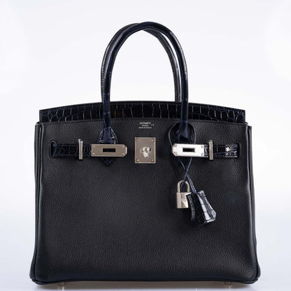 Hermès Touch Birkin 30 Shiny Bleu Marine Nilo Crocodile and Black Novillo Palladium Hardware