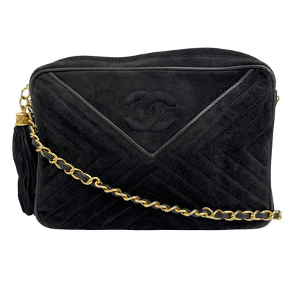 CHANEL Shoulder Bag Suede black Vstitch ChainShoulder Women Used