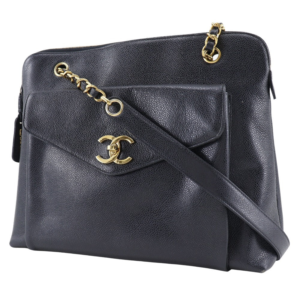 CHANEL Shoulder Bag Caviar skin black Chain tote Women Used