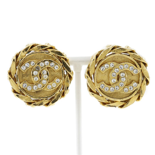 Chanel Coco Mark Earrings Gold Plated Rhinestone