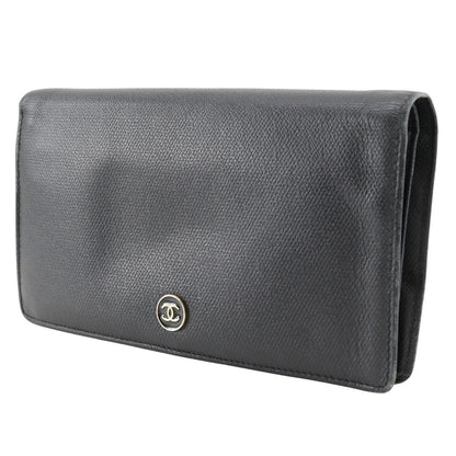 CHANEL Long Wallet Purse A20904 leather black COCO Button Women