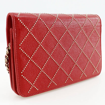 CHANEL Shoulder Bag Calfskin Red Matrasse Studs