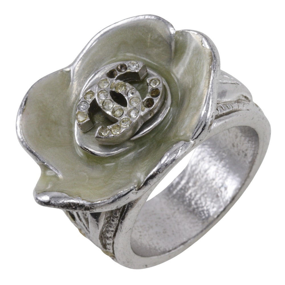 CHANEL Ring Metal, Rhinestone Silver Camelia COCO Mark