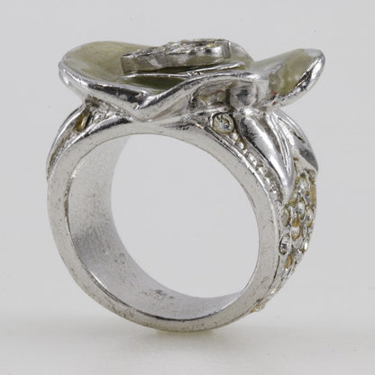 CHANEL Ring Metal, Rhinestone Silver Camelia COCO Mark