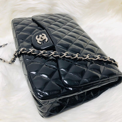 Jumbo Quilted Patent Single Flap Bag in Black with SHW