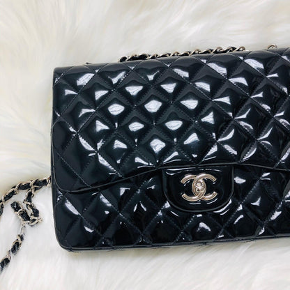 Jumbo Quilted Patent Single Flap Bag in Black with SHW
