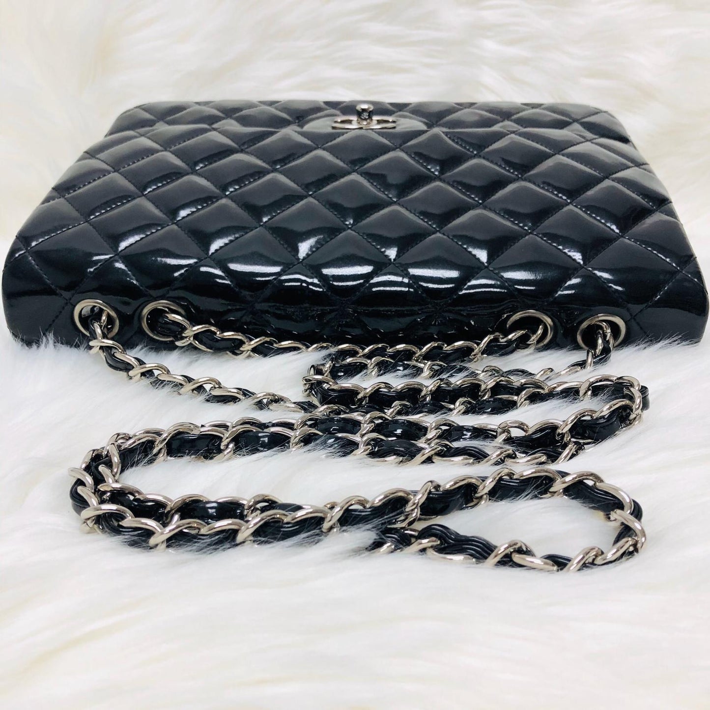Jumbo Quilted Patent Single Flap Bag in Black with SHW