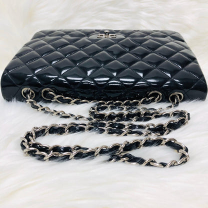 Jumbo Quilted Patent Single Flap Bag in Black with SHW