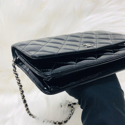 Wallet on Chain WOC with SHW in Black Quilted Patent Leather